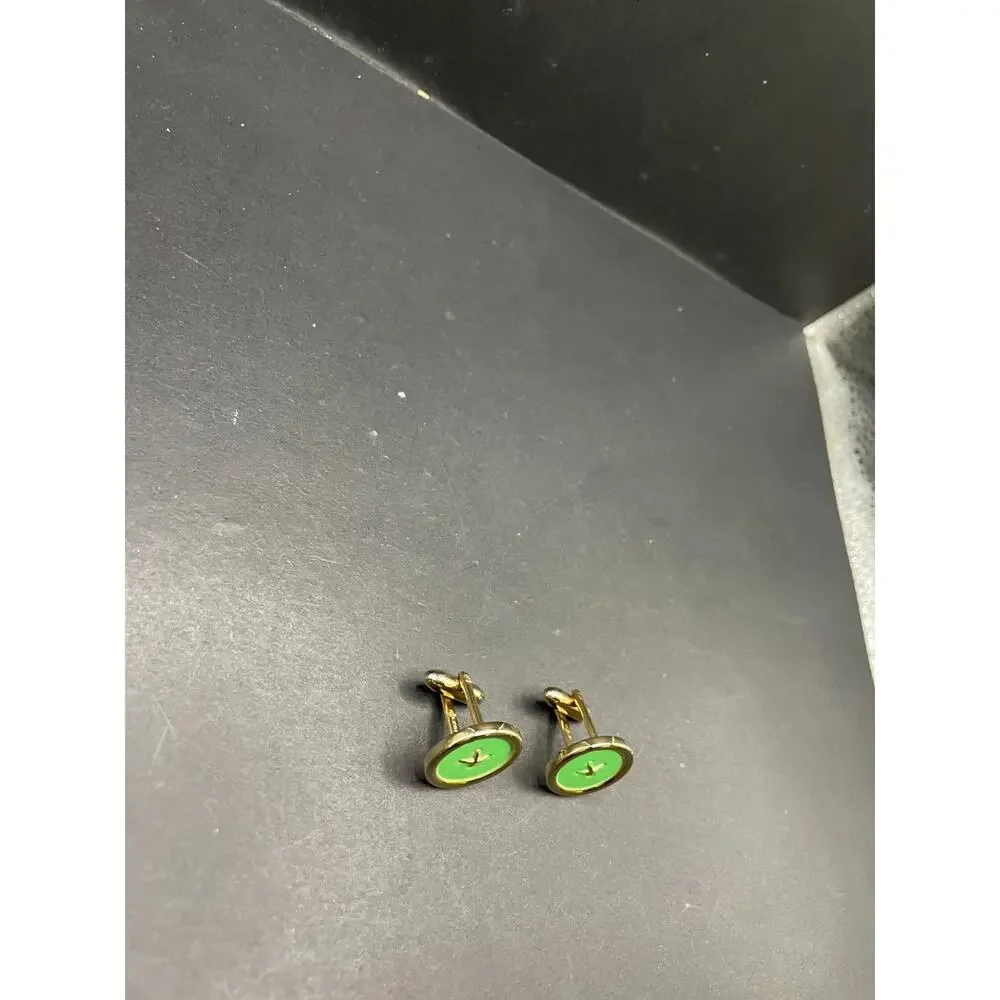 VTG Hickok USA Cufflinks Gold Tone Green Enamel Inlay Crisscross Bullet Back